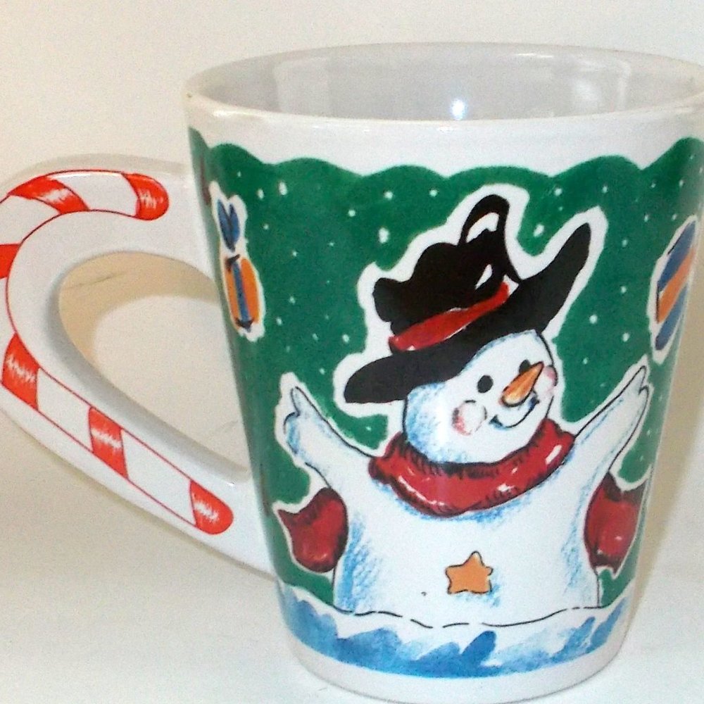 Vintage Christmas Snowman Coffee Mug Candy Cane Striped Handle